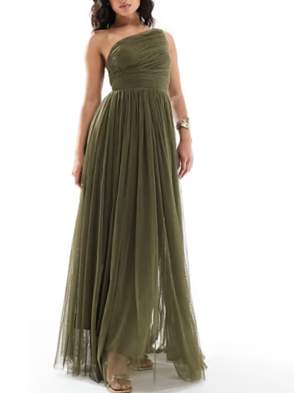 Lace & Beads Bridesmaid one shoulder maxi dress in deep olive